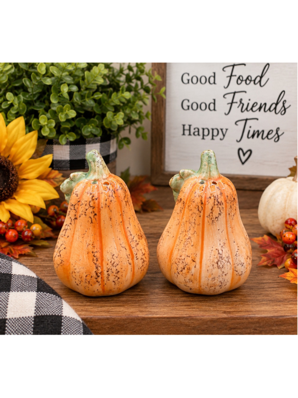 Ceramic Pumpkin Gourd Salt & Pepper Shakers Orange Green Fall Harvest Set